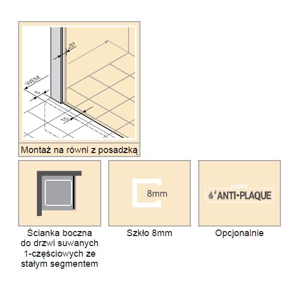 Zdjęcie Ścianka boczna Huppe Xtensa do Walk-In drzwi suwanych 1-częściowa ze stałym segmentem na wymiar XT0380.069.322 Anti-plaque