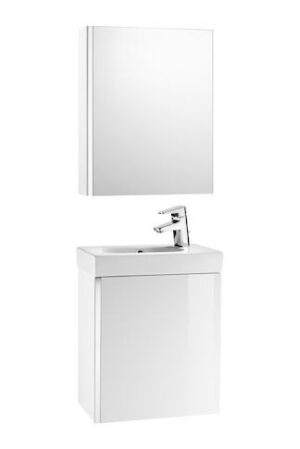 Zestaw łazienkowy Unik z drzwiami, szafką z lustrem i umywalką 45 cm Roca Mini biały połysk A855866806