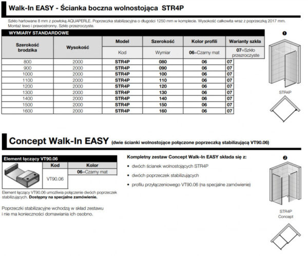 Zdjęcie Ścianka prysznicowa Walk-In Sanswiss Easy wolnostojąca czarny mat / szkło przezroczyste STR4P1200607
